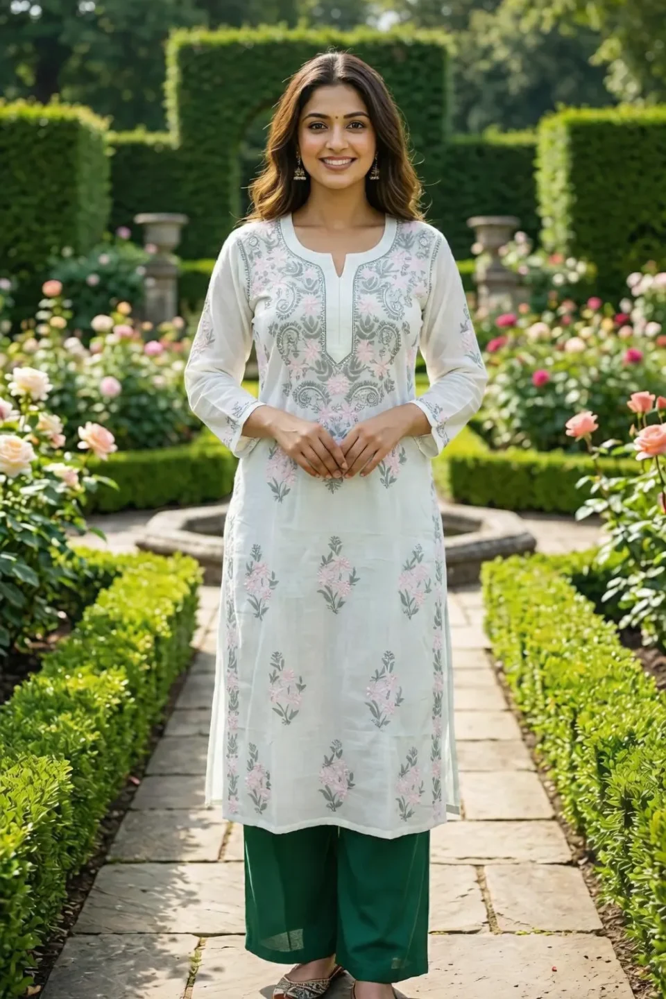 White Floral Embroidered Straight Kurti