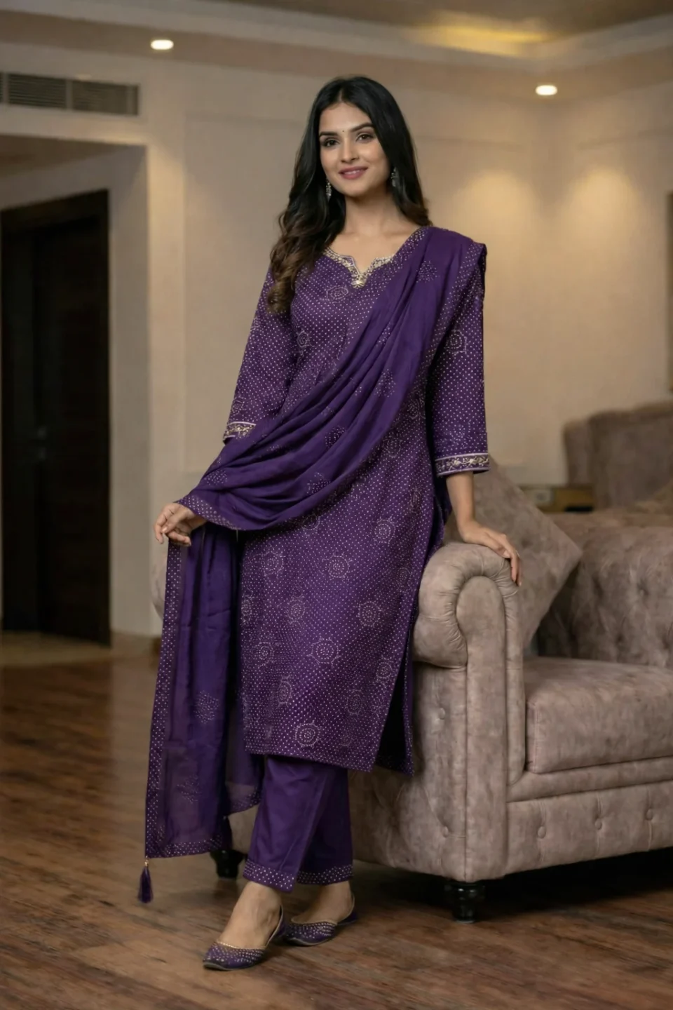 Royal Purple Bandhani Silk Kurta Set with Zari Embroidery