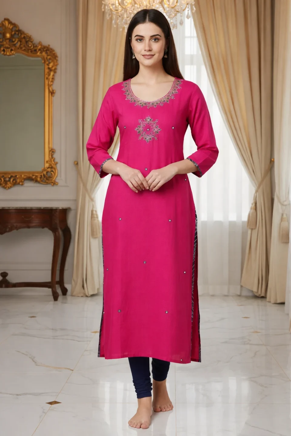 Fuchsia Pink Embroidered Silk Kurti
