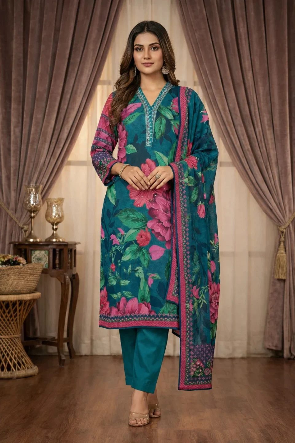 Premium Teal Floral Printed Kurta Pant Set with Dupatta
