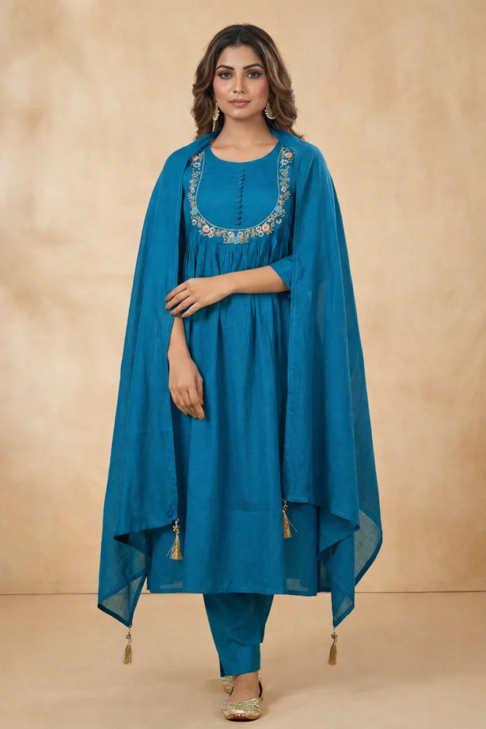 Teal Blue Embroidered Kurta Set with Dupatta