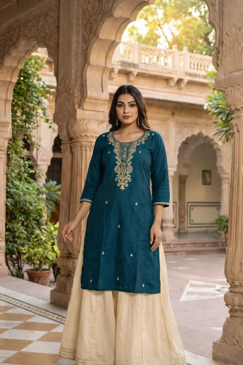 Deep Teal Royal Embroidered Straight Long Kurti