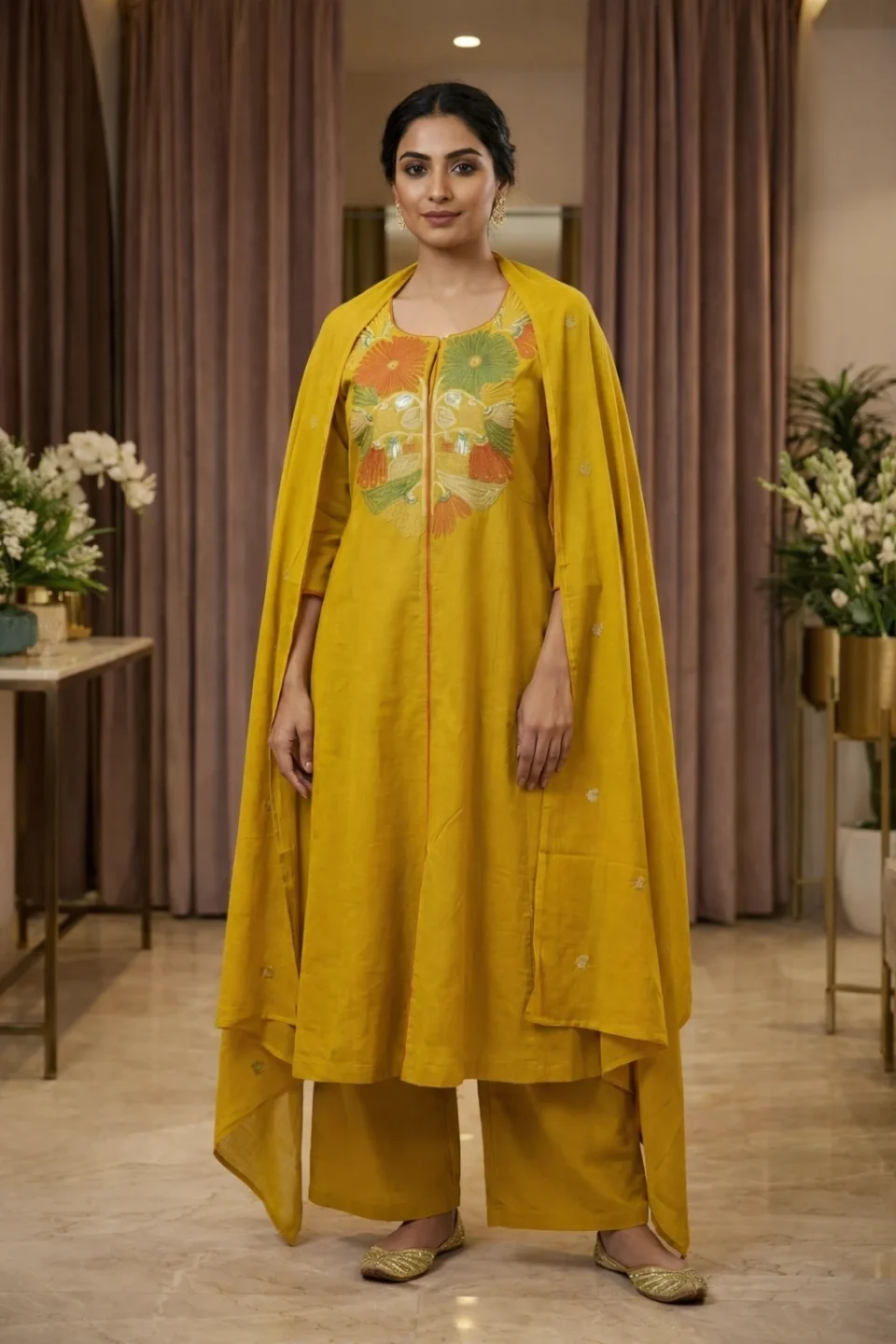 Mustard Yellow Hand-Embroidered Kurta Set with Wide-Leg Palazzos and Dupatta