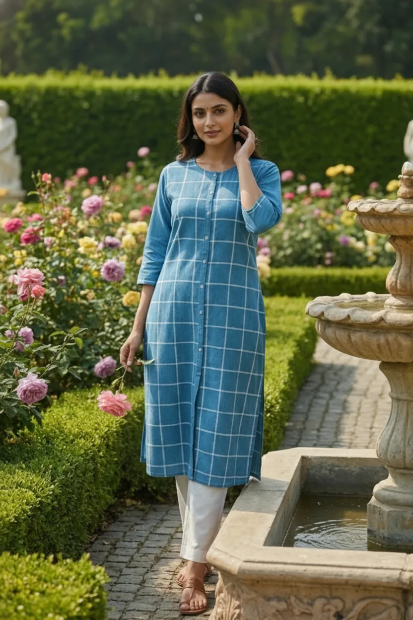 Denim Light Blue Checked Long Straight Kurti