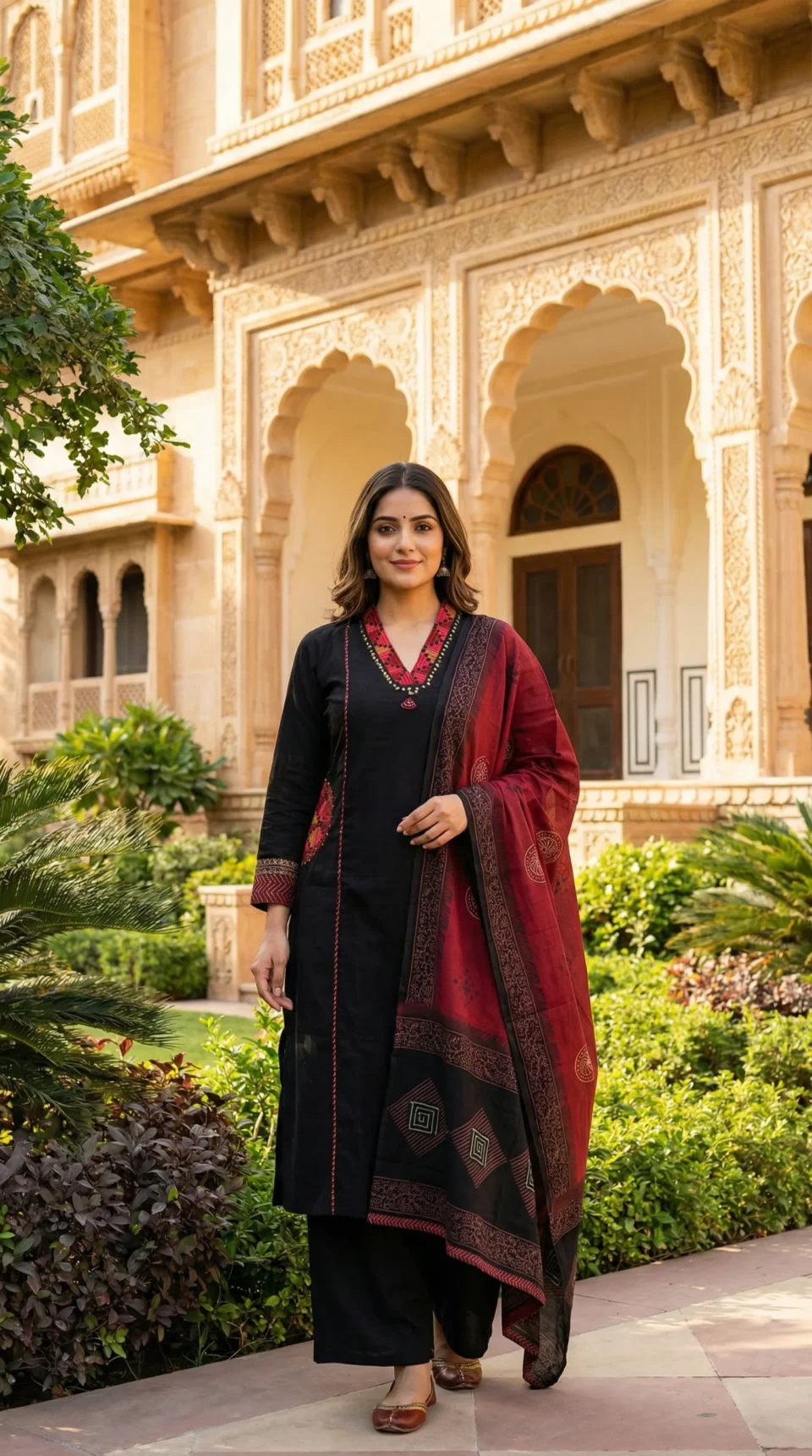 Vintage Noir Ajrakh Embroidery Kurti Set with Dupatta