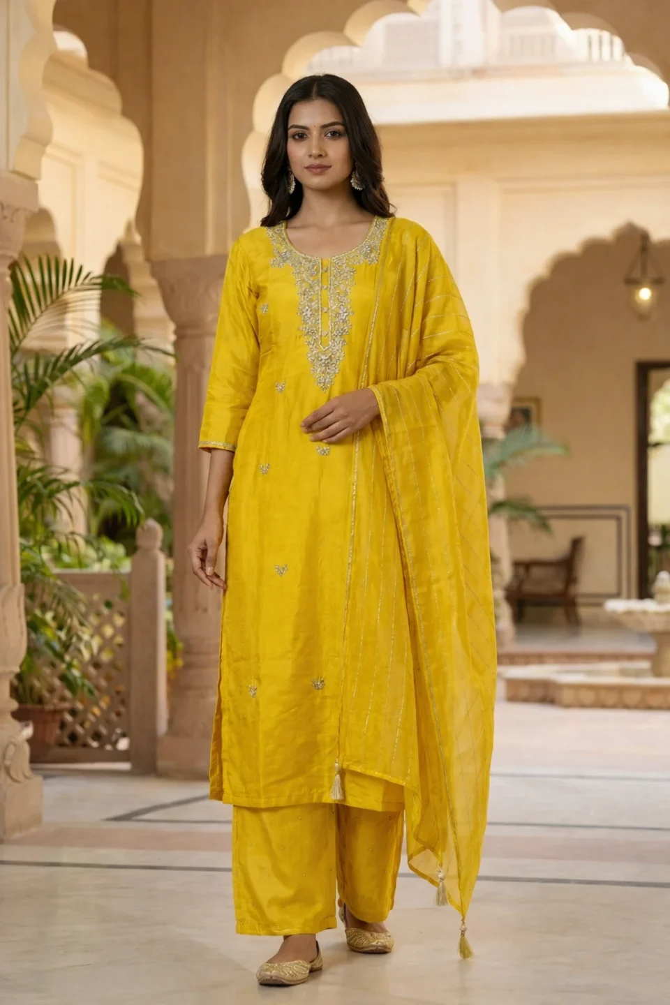 Premium Mustard Yellow Embroidered Kurta Pant Dupatta Set