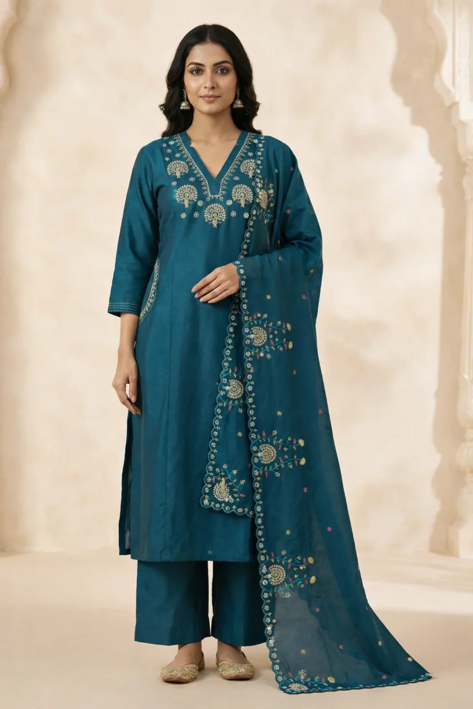 Royal Teal Embroidered Chanderi Silk Kurta Set with Scalloped Dupatta