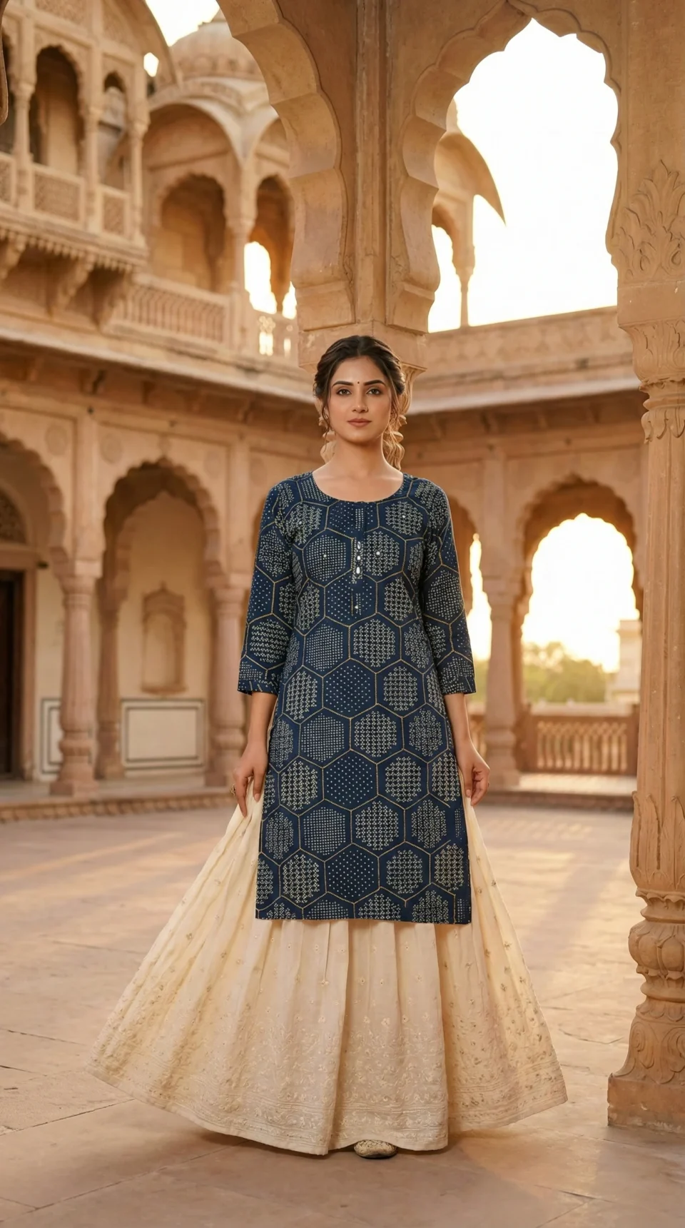 Navy Blue Bandhani Print Single Line Kurti