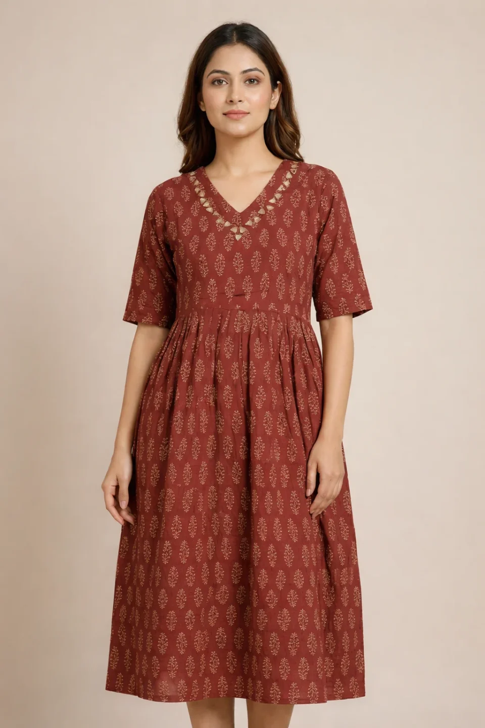 Rust Printed V-Neck Cotton Frock