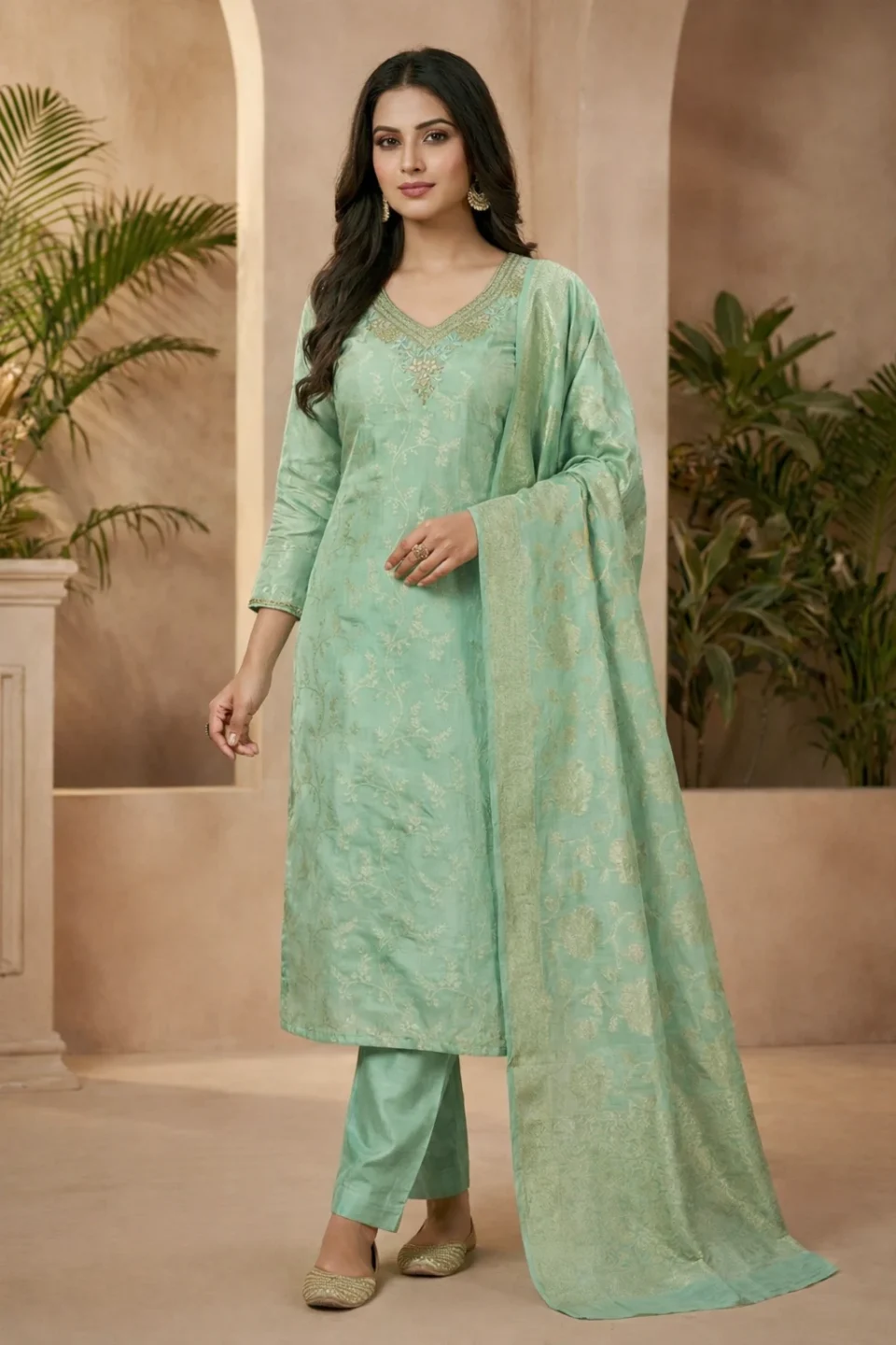 Mint Green Jacquard Print Kurta Set with Dupatta