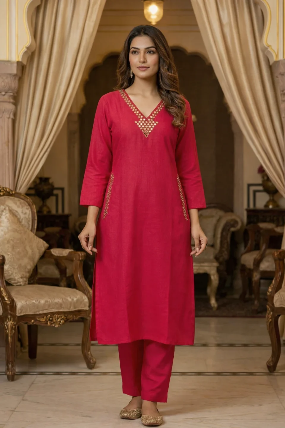 Women’s Rani Pink V-Neck Embellished Kurta Pant Set