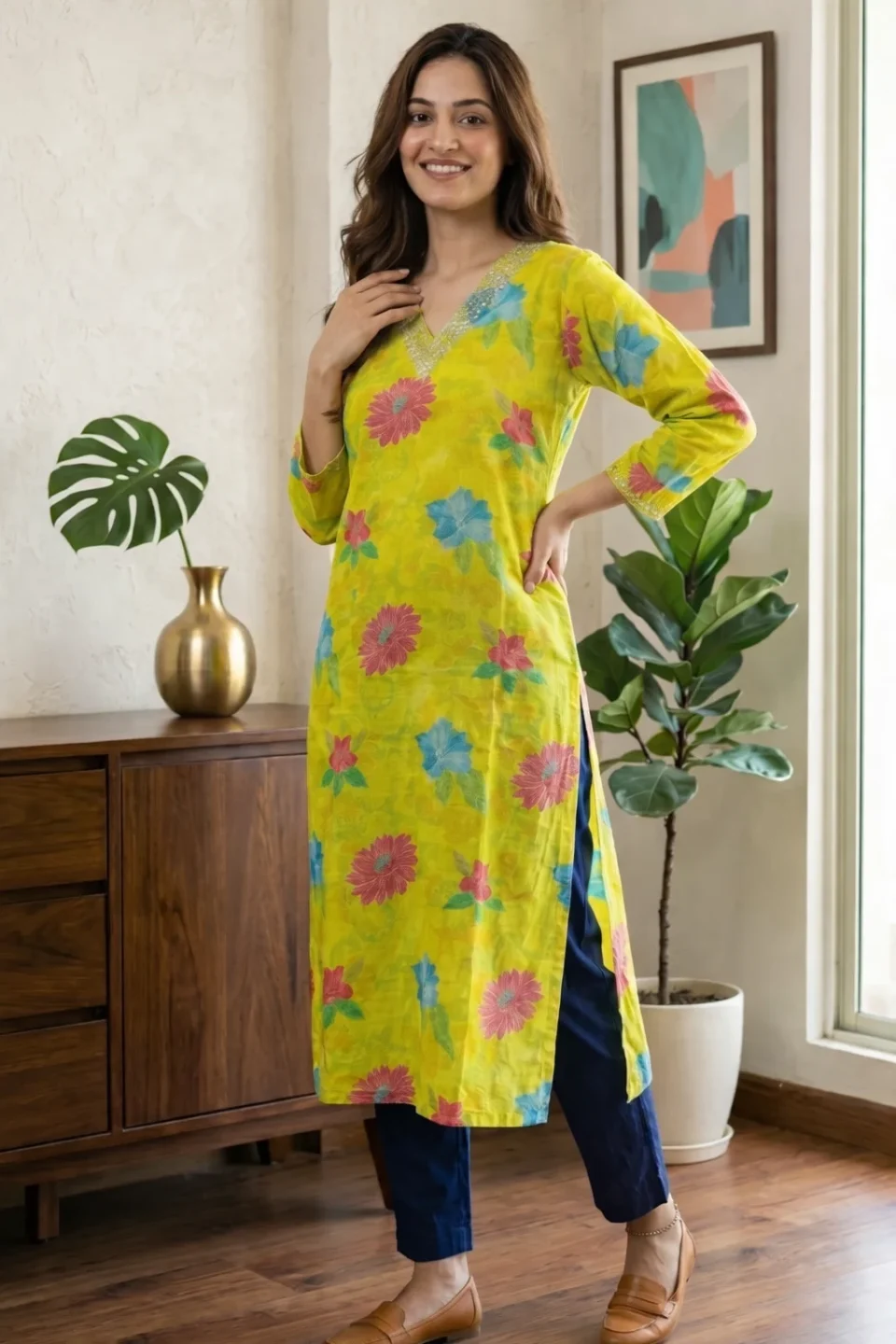Lemon Yellow Floral Printed Long Kurti