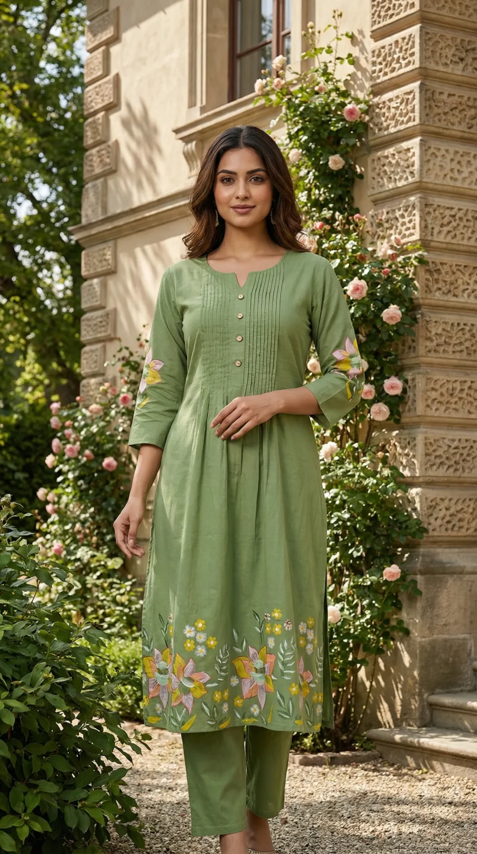 Mehendi Green Embroidery Kurta With Palazzo