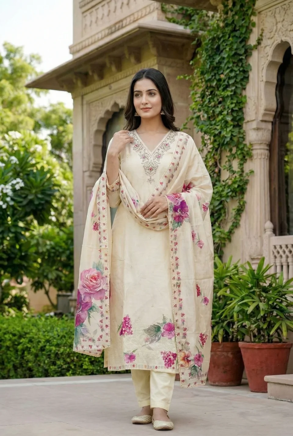 Ivory Cream with Blush Pink Florals Kurti Set
