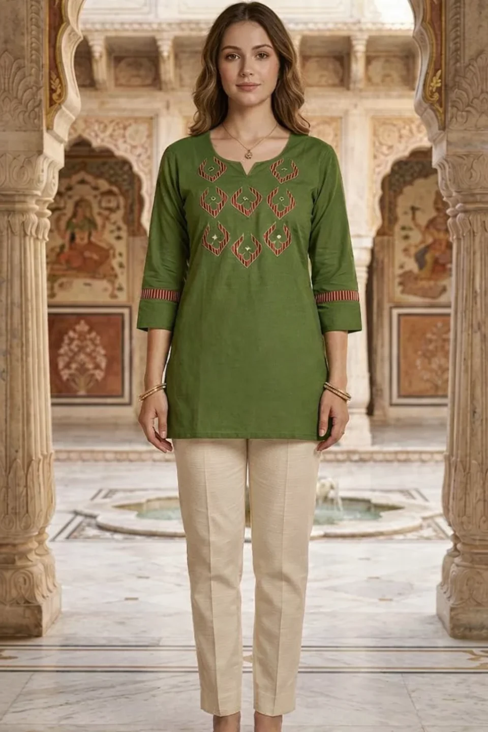 Mehendi Green Embroidered Short Kurti