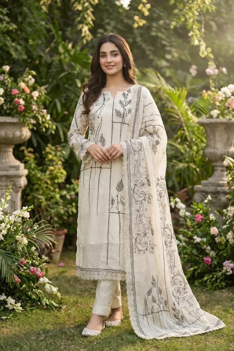 Black Line-Art Kurti Set with Dupatta