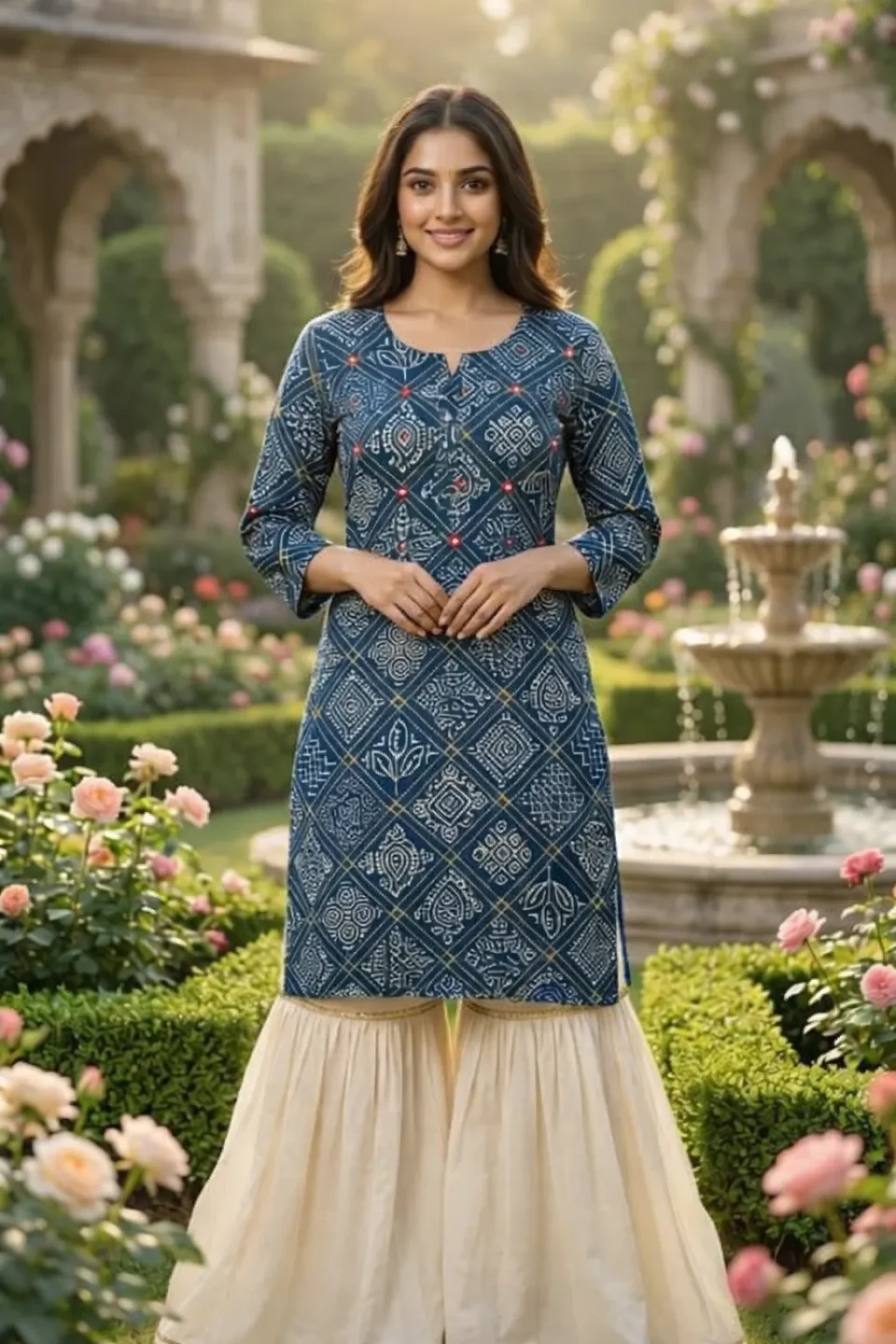 Navy Blue Bandhani Print Straight Kurti