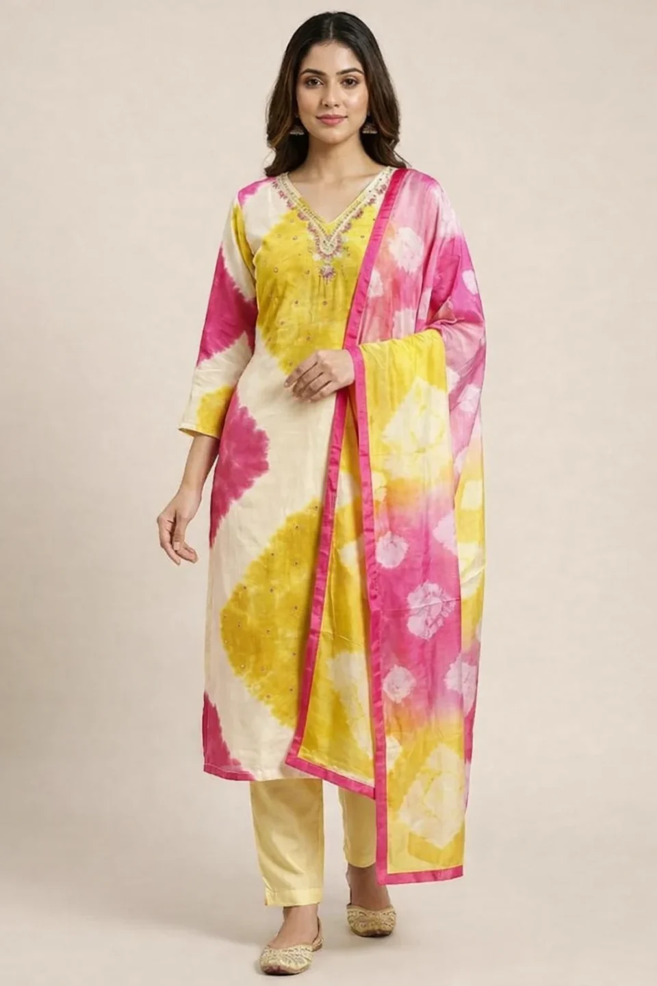 Sunshine & Rose Shibori Tie-Dye Kurta Set with Embroidered Neckline