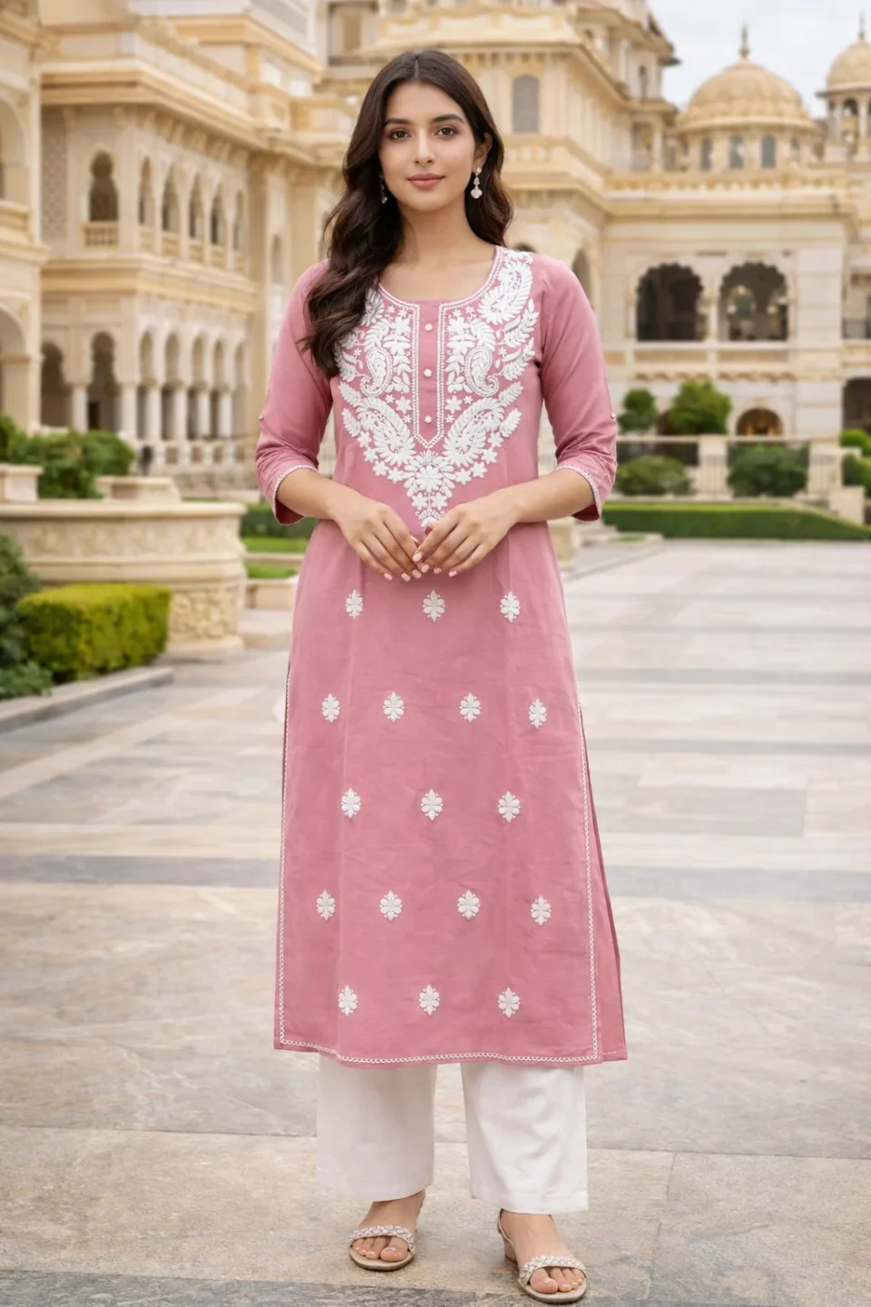 Dusty Rose Chikankari Embroidered Straight Kurti
