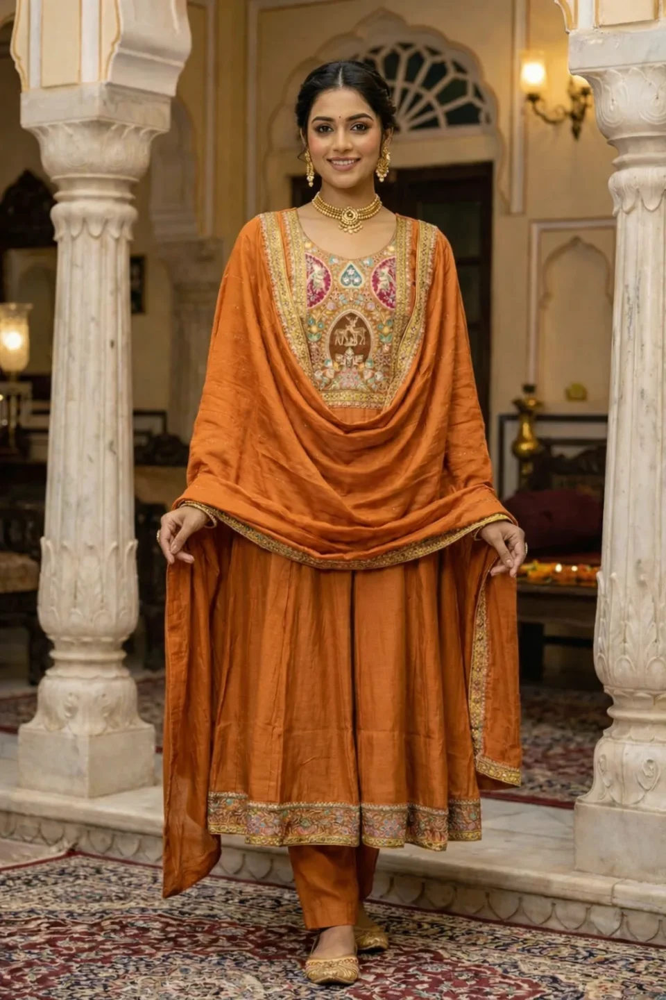 Rust Orange Pichwai Embroidered Silk Anarkali Set