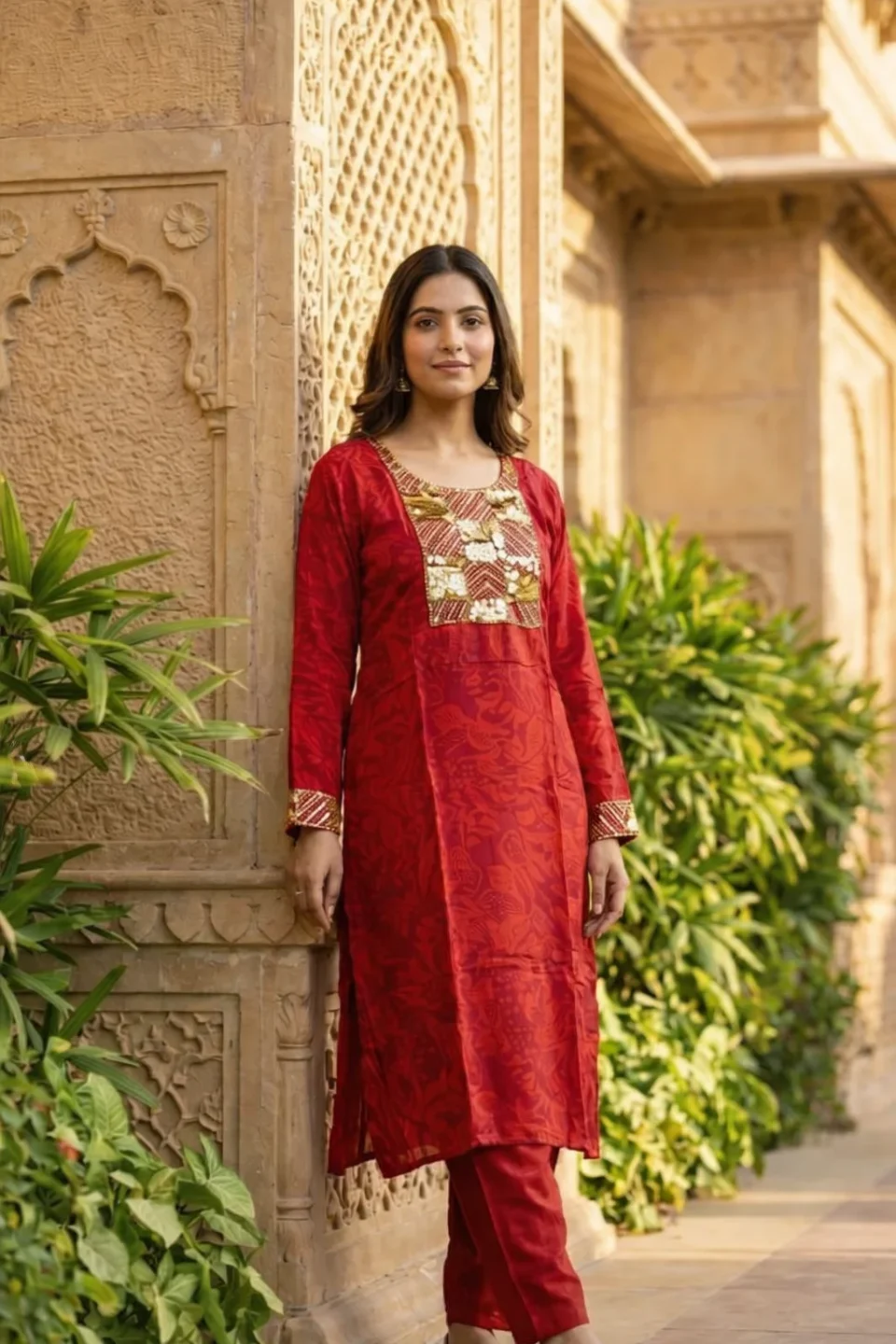 Royal Crimson Jacquard Kurta Set