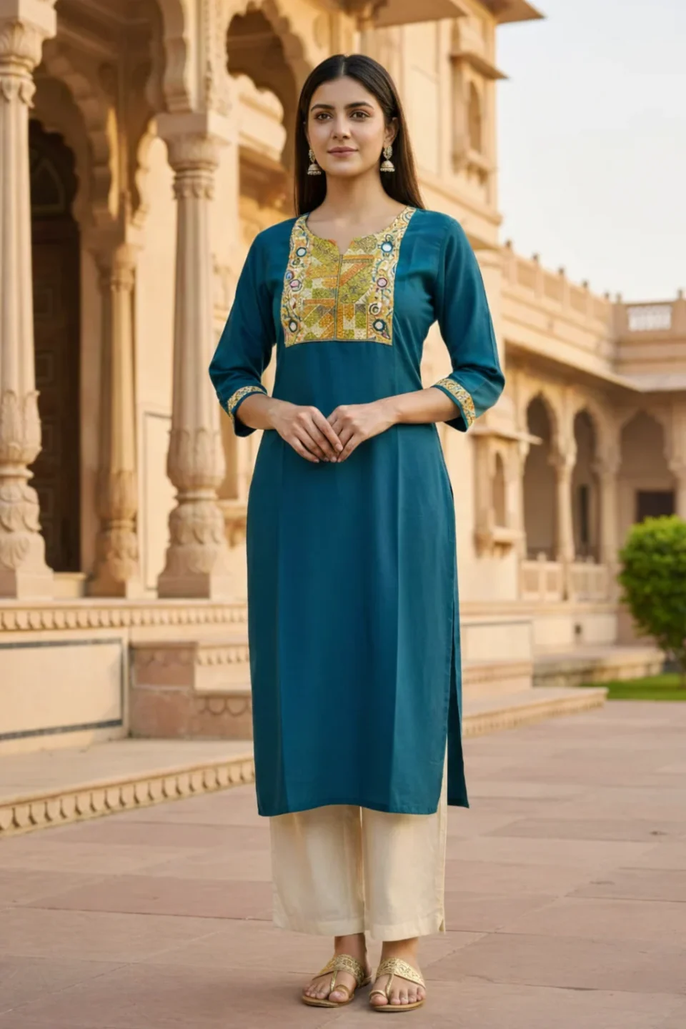 Teal Blue Embroidery Silk Long Kurti