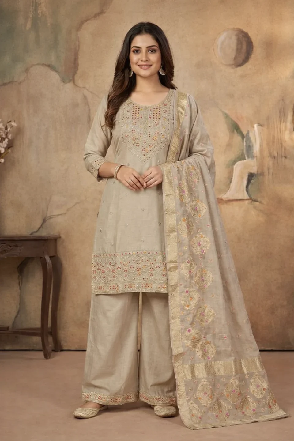 Beige Embroidered Silk Kurta Set with Banarasi Dupatta