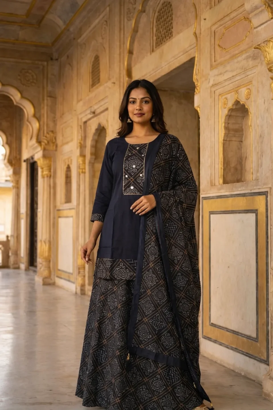 Navy Blue Printed Kurti Skirt Set with Dupatta