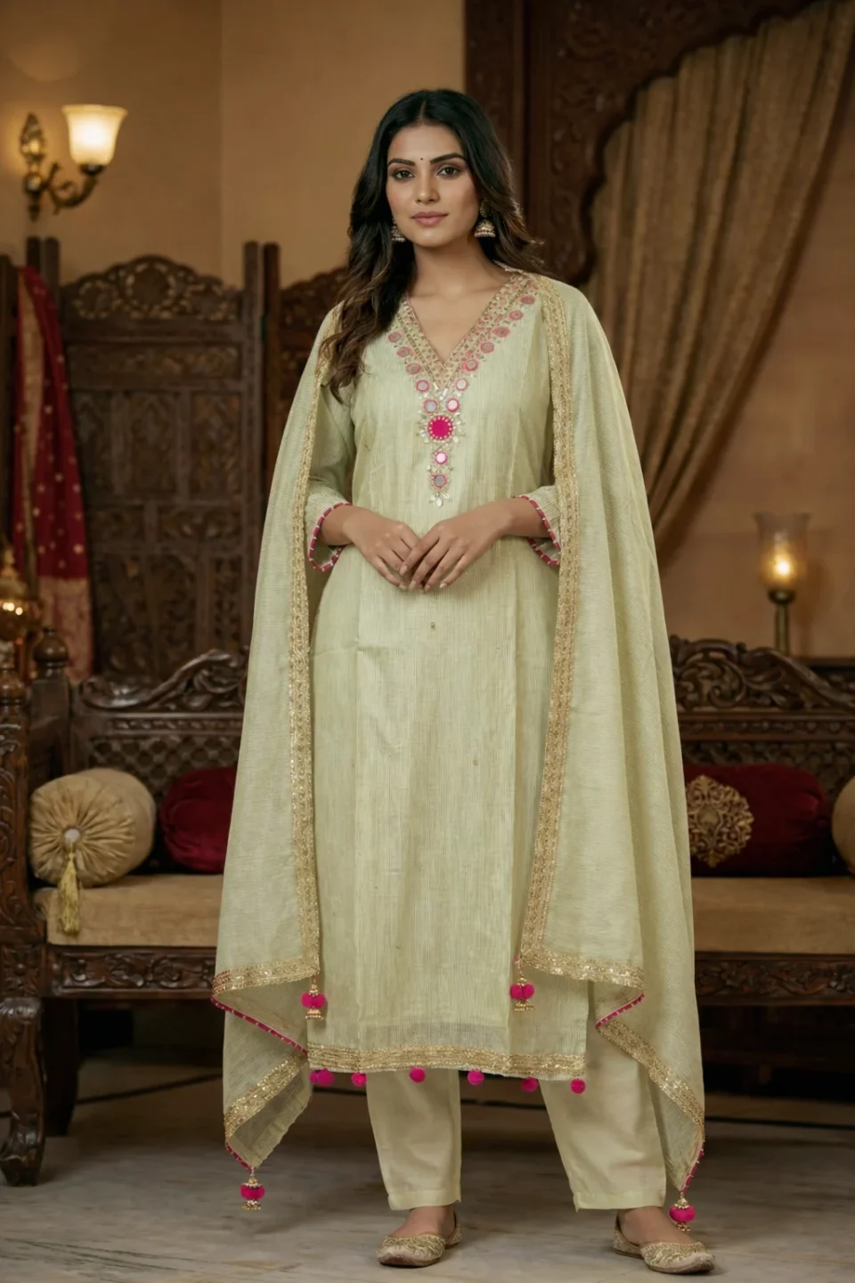 Off-White Chanderi Salwar Set with Pink Accents