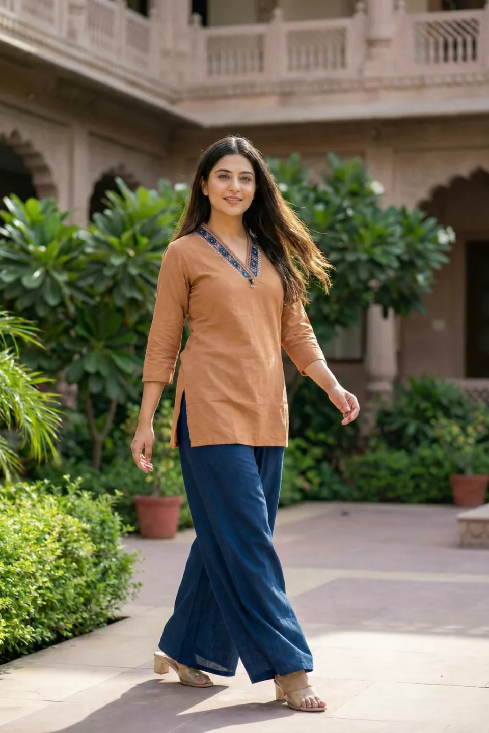 Camel Brown V-Neck Short Kurti