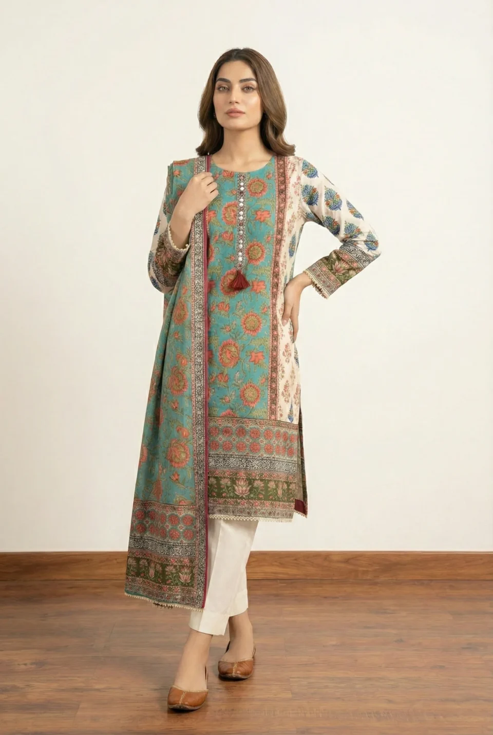 Elegant Floral Bloom Cream & Pink 3-Piece Kurti Set