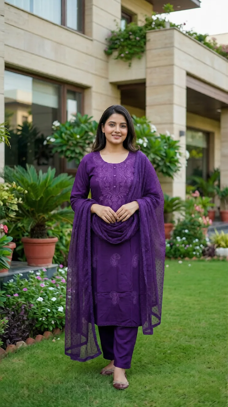 Deep Purple Embroidered Kurti Set with Dupatta