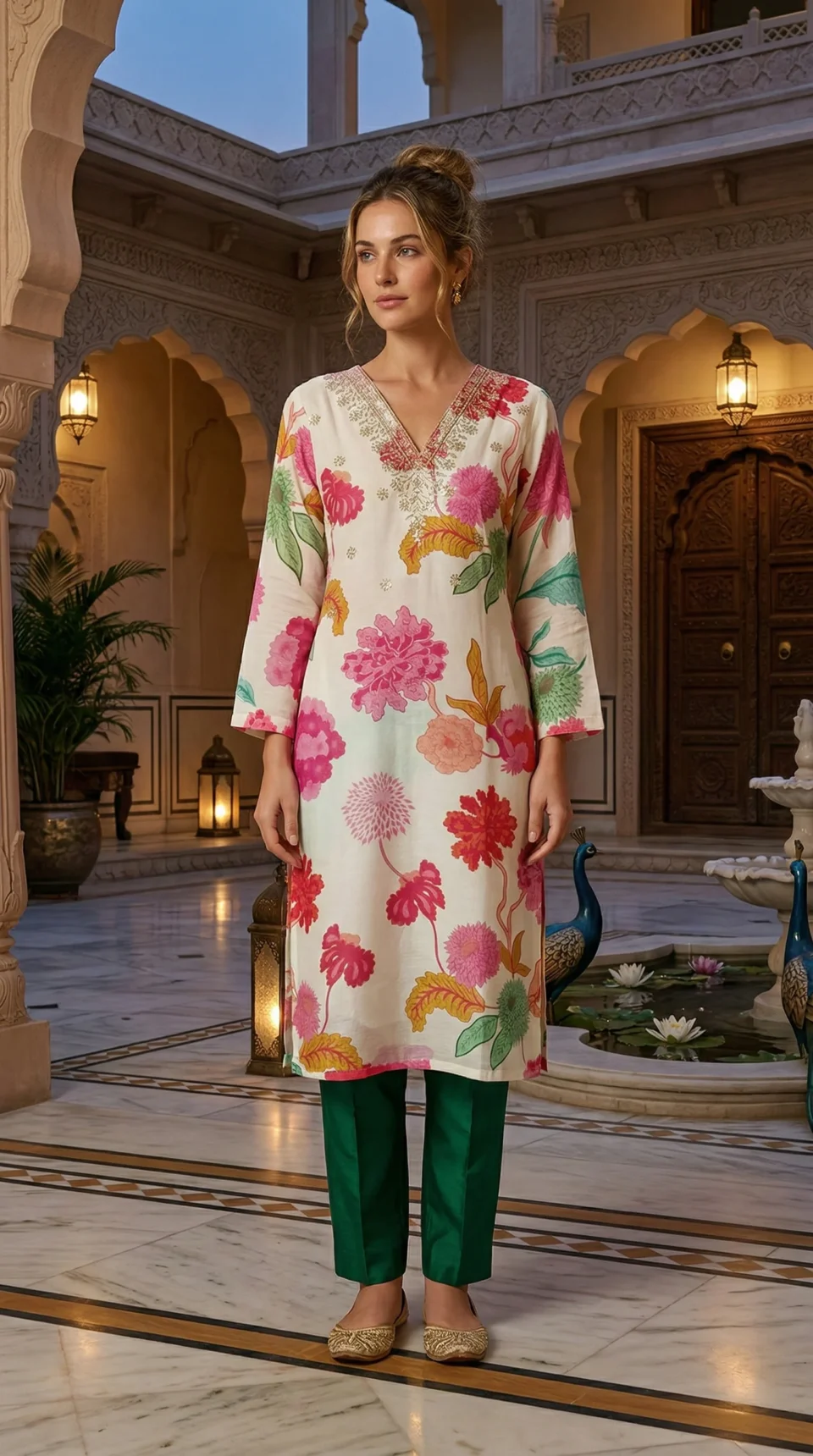 Off-Cream Multi-Color Floral Embroidered Kurti