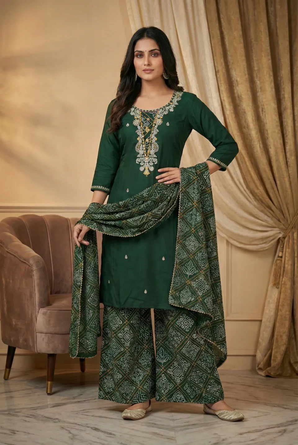 Dark Green Embroidered Kurti with Printed Palazzo & Dupatta Set