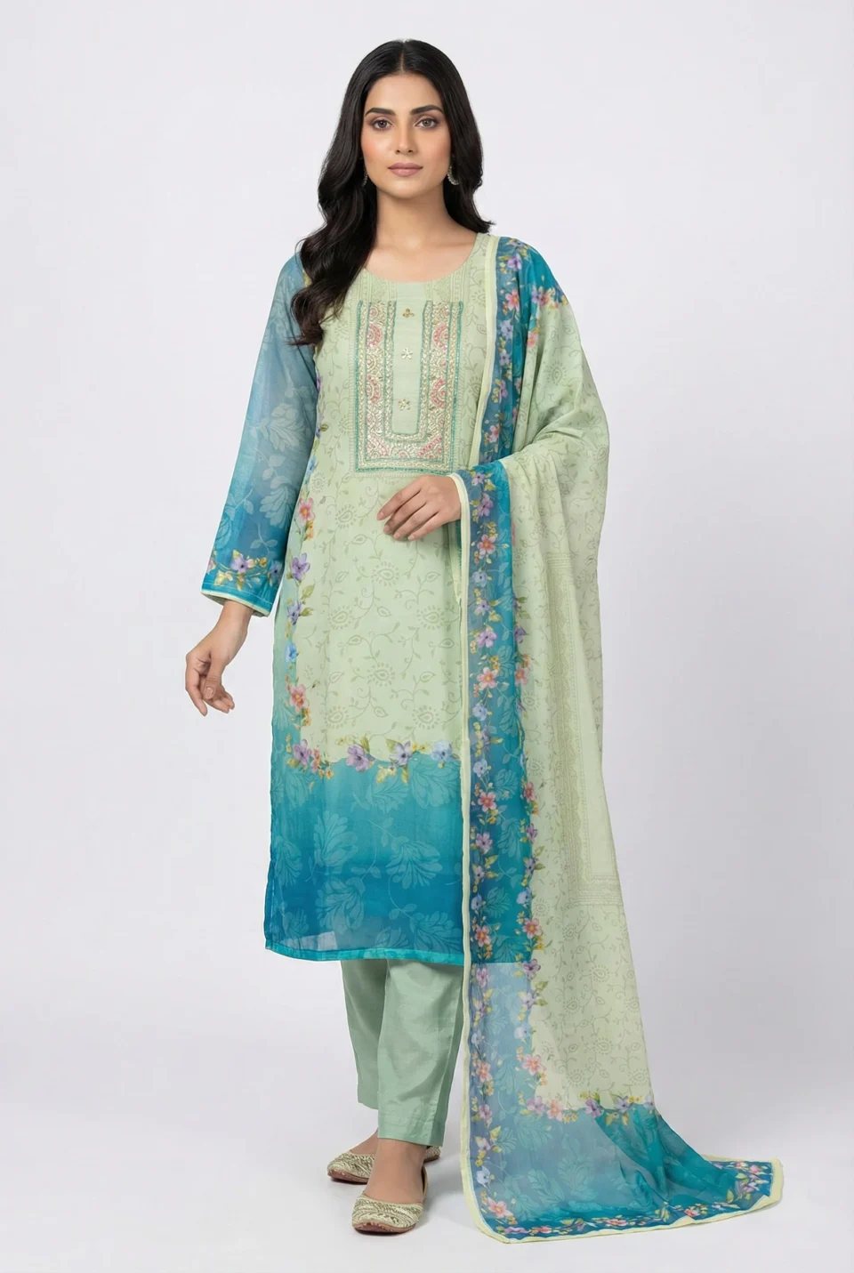 Mint Green & Ombre Blue Floral Embroidered 3-Piece Kurti Set