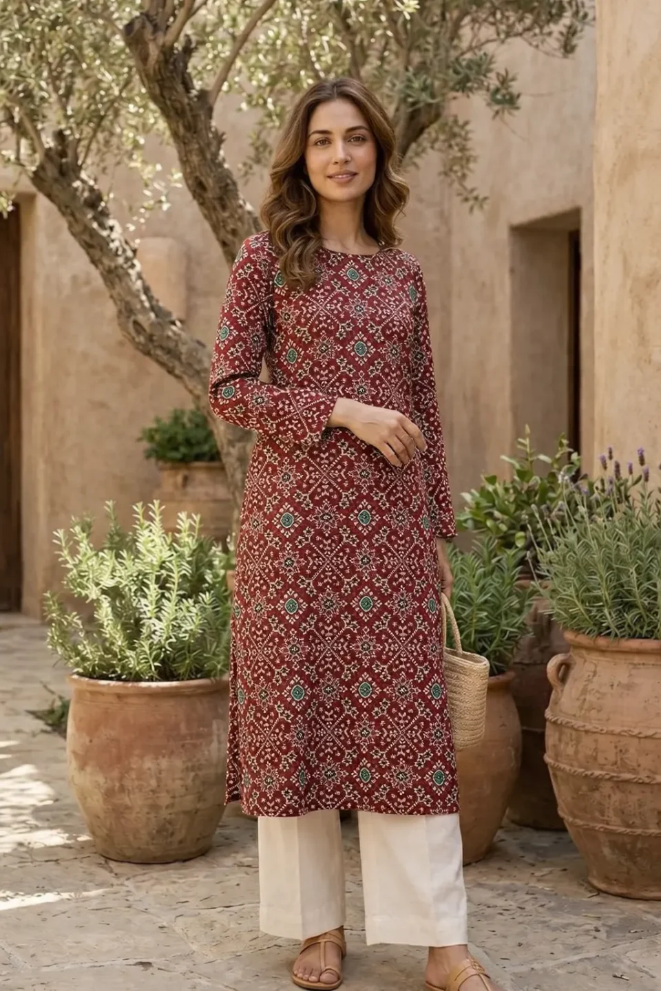 Rust Red Printed Long Kurti
