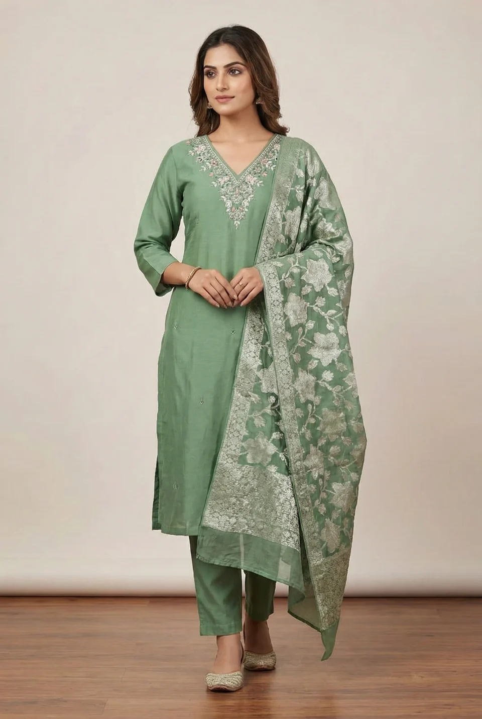 Sage Green Embroidered Silk Kurti Set with Banarasi Dupatta