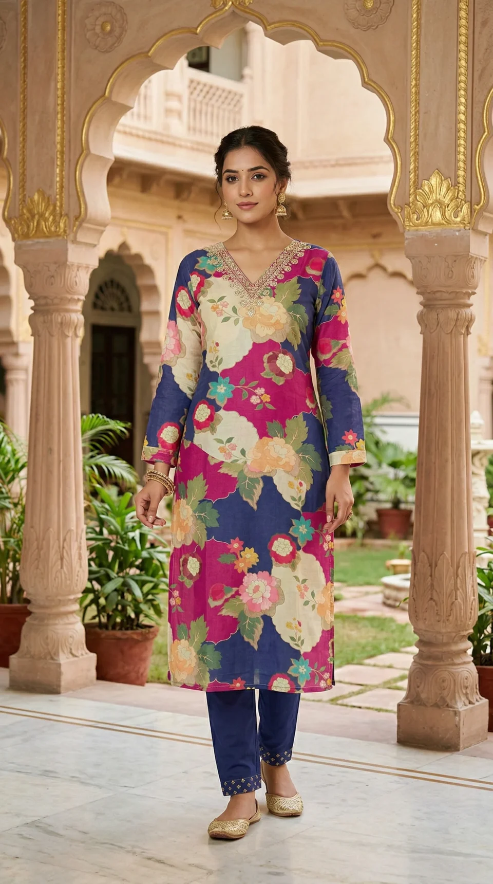 Navy Blue Vibrant Floral Embroidered Kurti