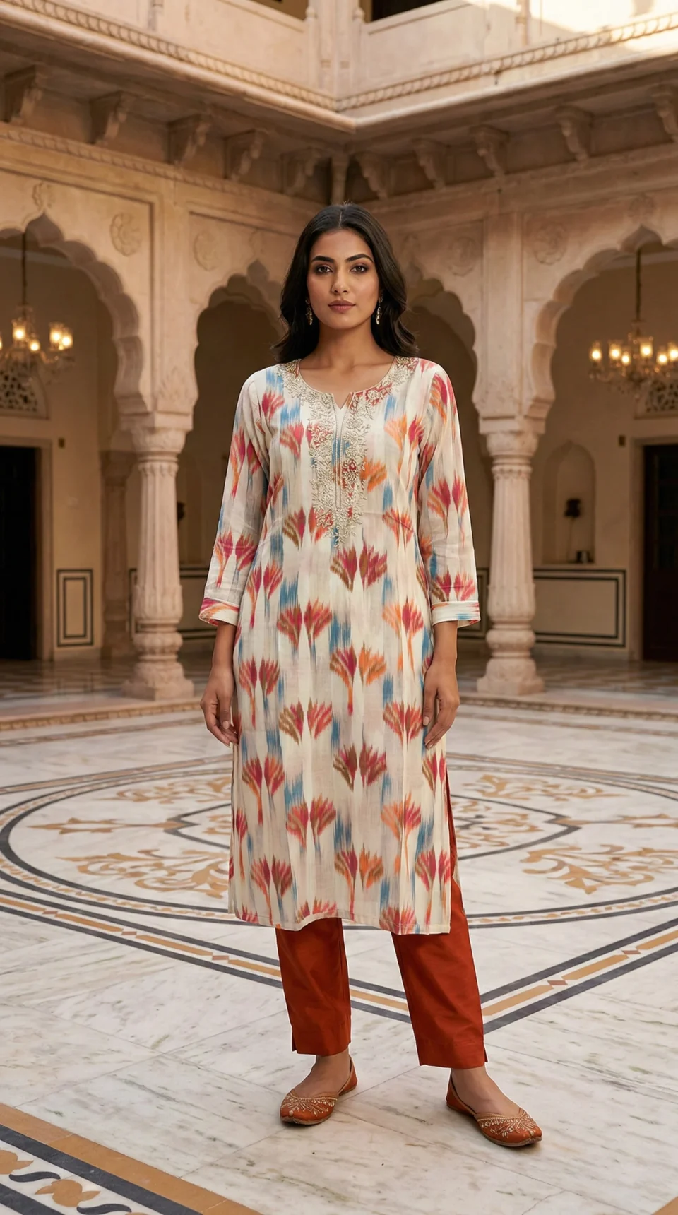 Multicolored Ikat Print Embroidered Kurti