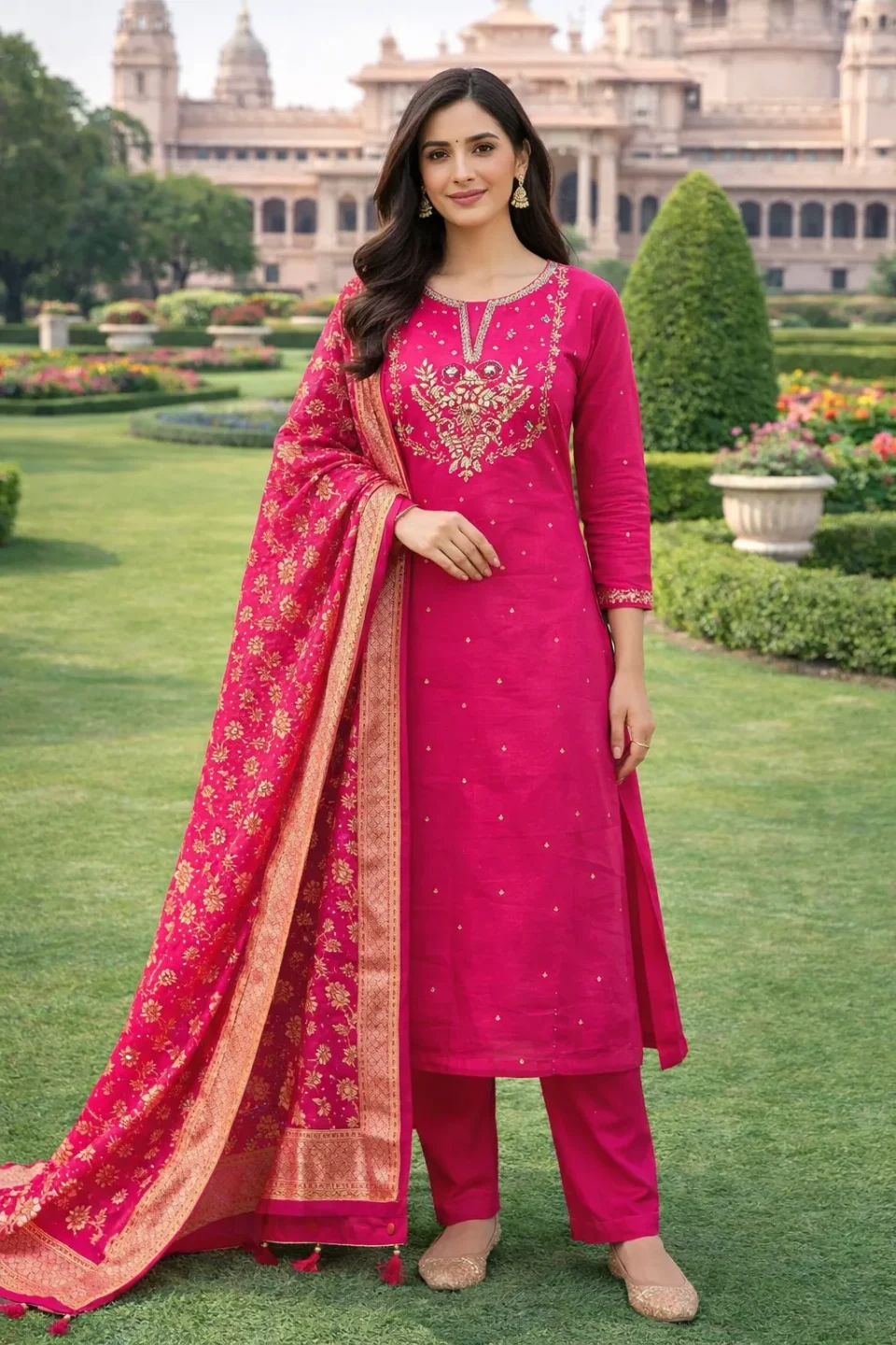 Rani Pink Embroidered Kurti Set