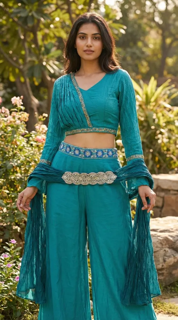 Deep Teal Pleated Crop Top & Palazzo Set with Embroidered Belt
