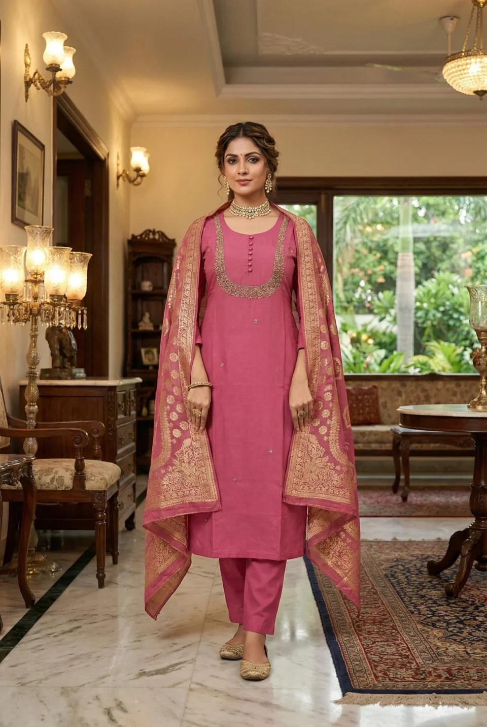 Rose Pink Silk Anarkali Set with Banarasi Dupatta