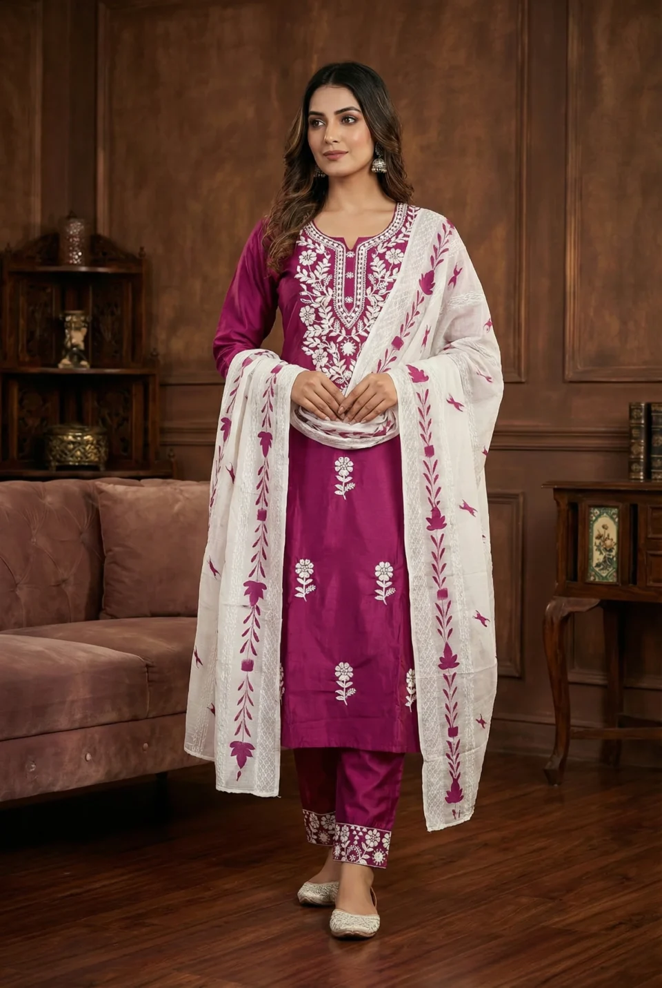 Raspberry Pink Embroidered Kurti Set with Dupatta