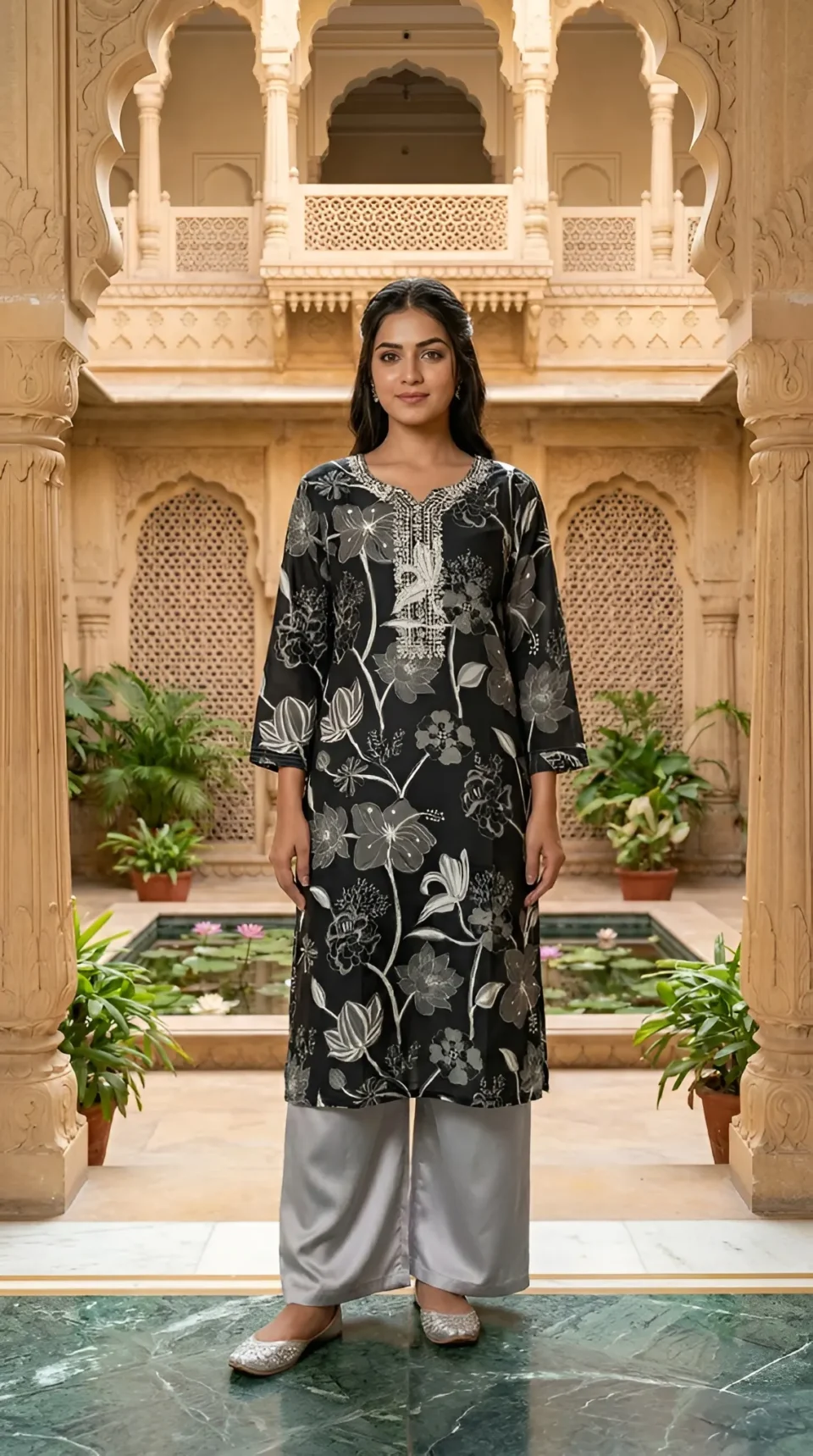 Black Floral Embroidered Long Kurti