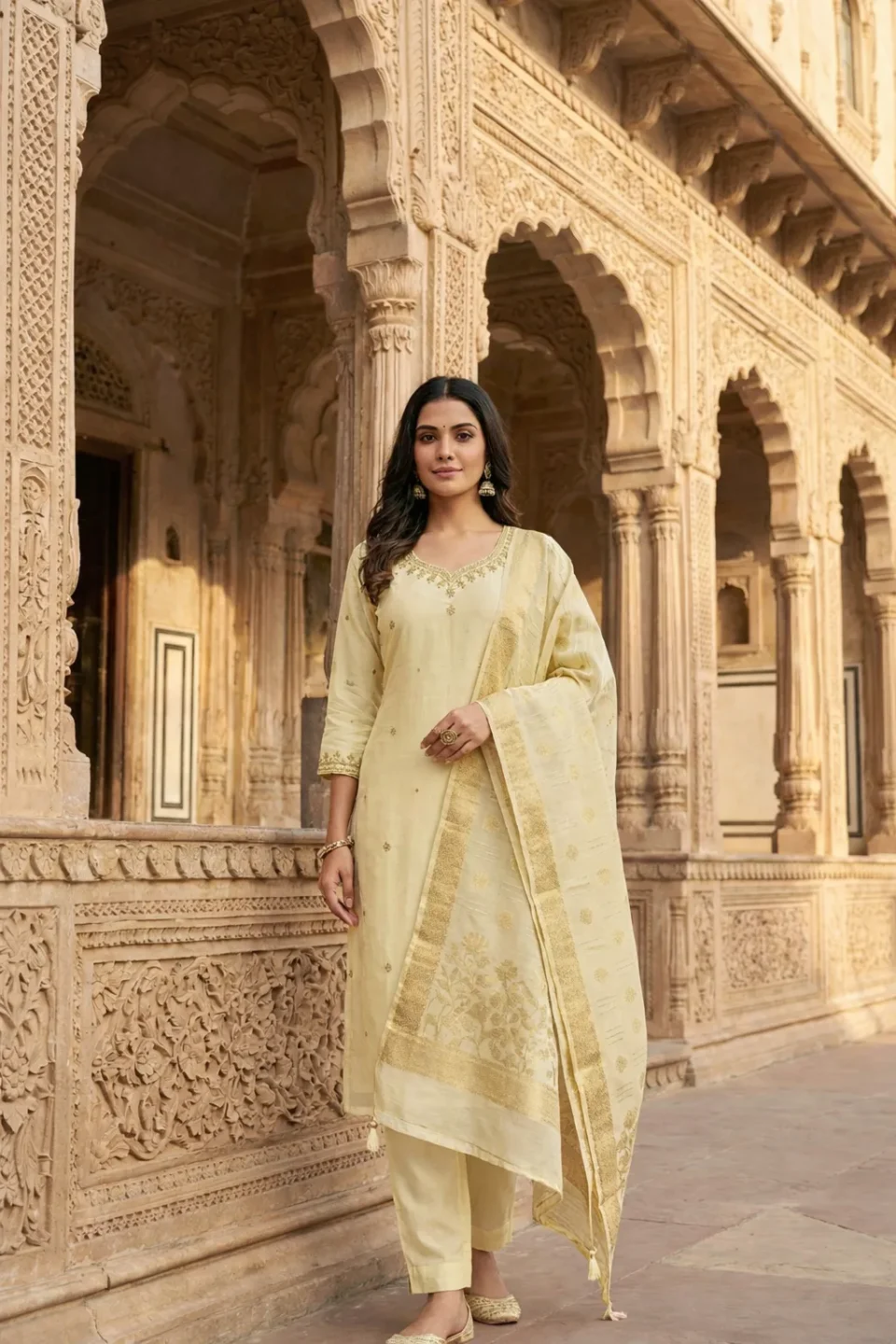 Ivory Cream Banarasi Silk Dupatta Kurti Set