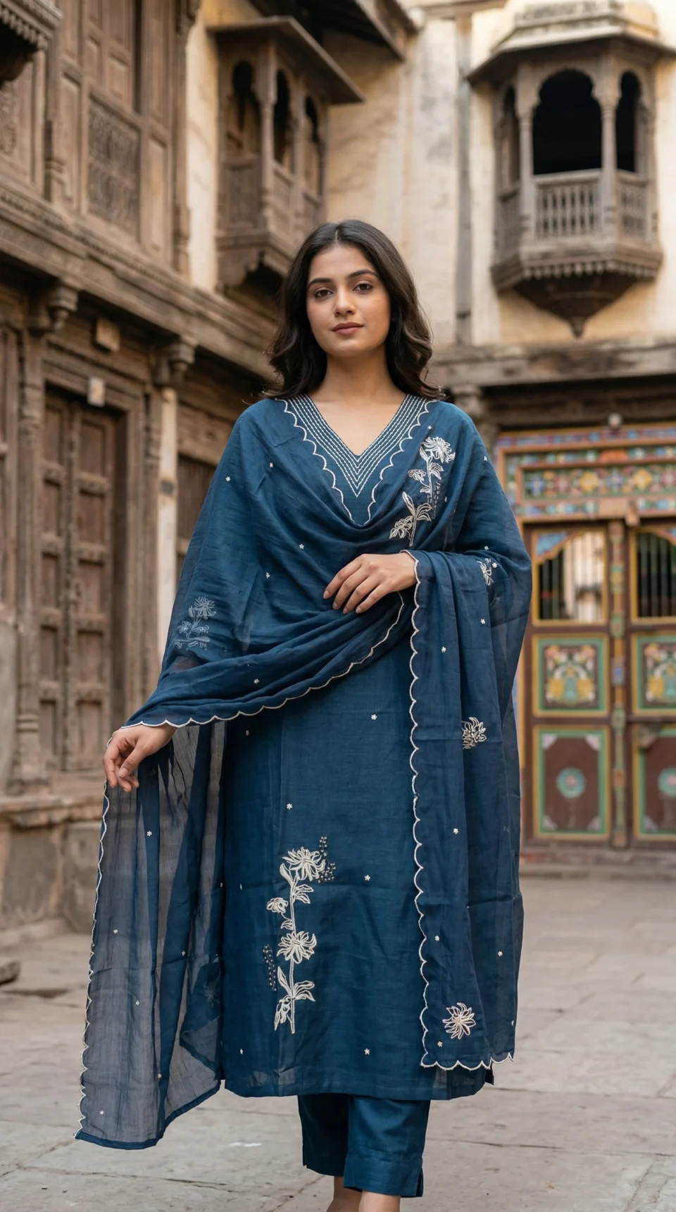 Dark Teal Embroidered Kurti Set