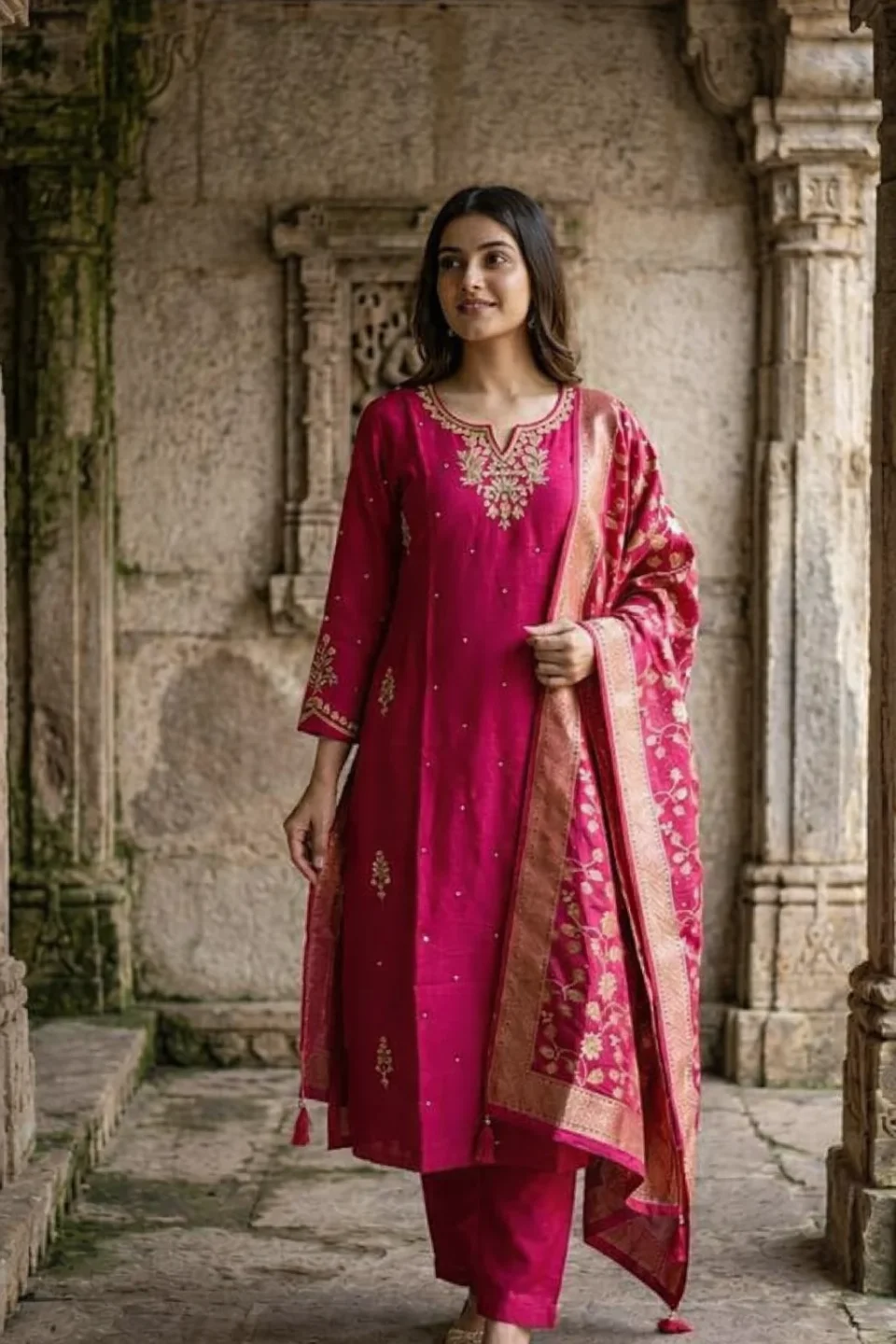 Magenta Pink Embroidered Long Kurti