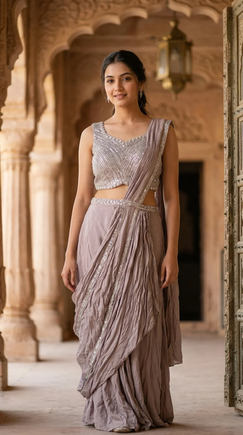 Soft Blush Beige Ready-Made Saree with Embellished Blouse