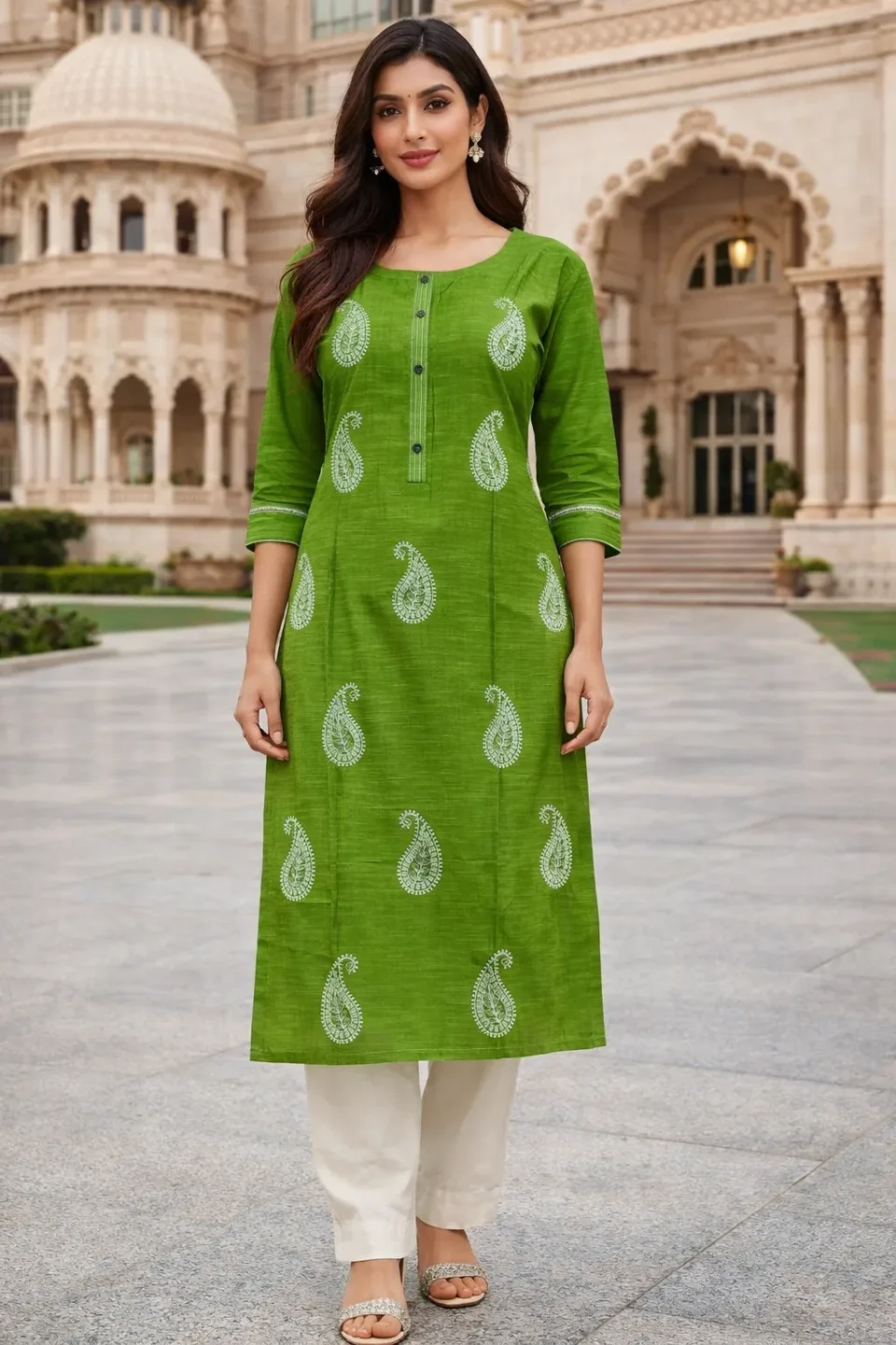 Parrot Green Paisley Printed Straight Kurti