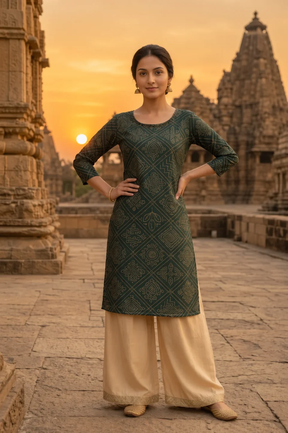 Forest Green Printed Long Kurti